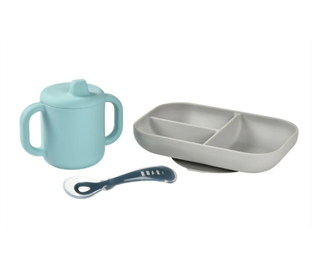 Beaba 4 Piece Silicone Learning Set - Blue/Grey