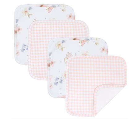 Living Textiles 4pk Wash Cloths - Butterfly/Blush Gingham